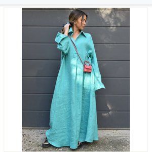 Simple Loose Solid Color Long Sleeves Lapel Maxi Dress - Teal - XL